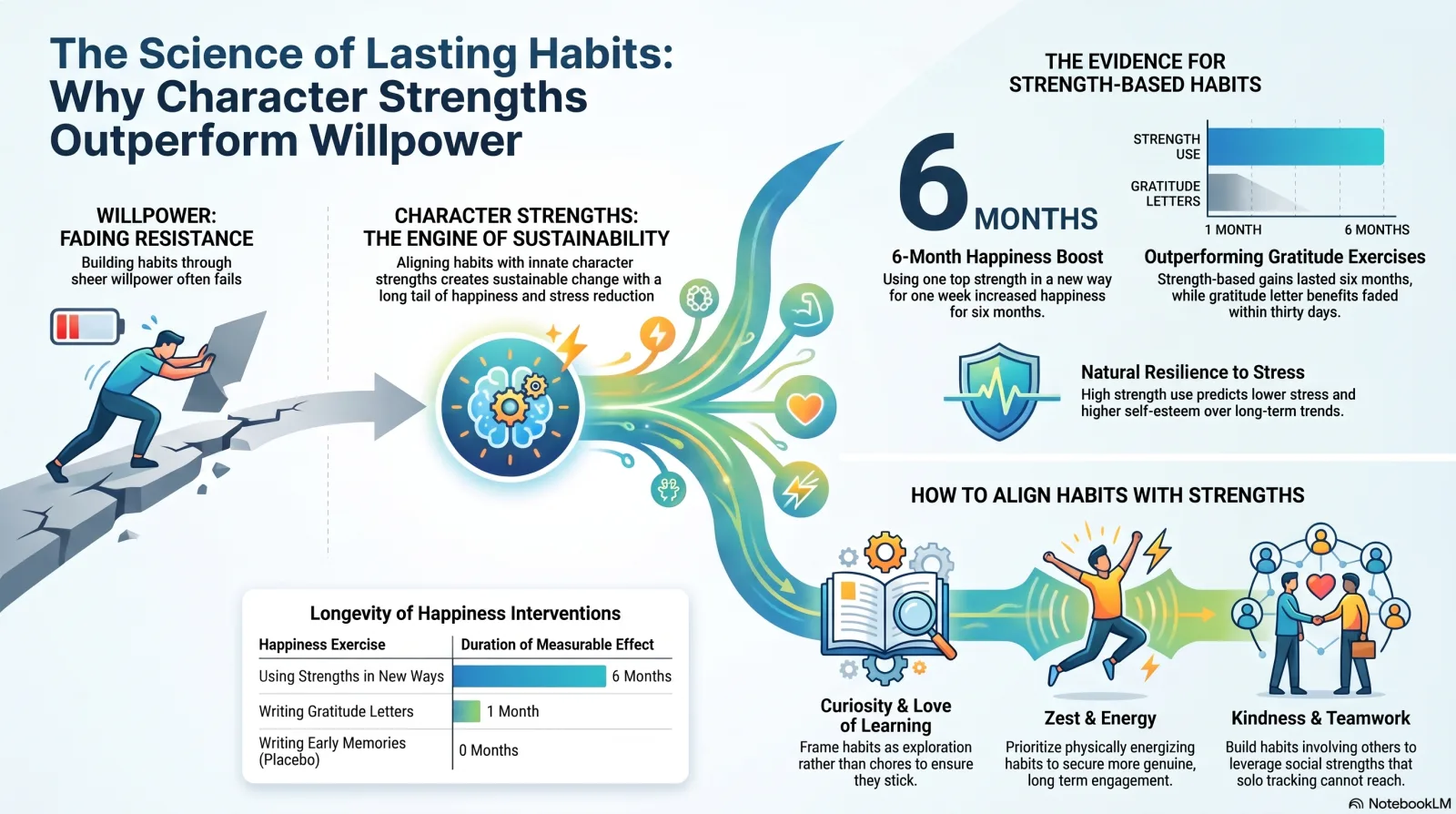 Infographic on why character strengths outperform willpower. Willpower is shown as fading resistance that often fails, while character strengths are the engine of sustainability. The evidence panel shows a 6-month happiness boost from using a top strength in a new way, versus gratitude letters fading within thirty days. A table compares the duration of measurable effect: strengths use in new ways held for 6 months, gratitude letters for 1 month, and the early-memories placebo for 0 months. A how-to panel maps curiosity and love of learning to framing habits as exploration, zest and energy to physically engaging habits, and kindness and teamwork to habits involving other people.