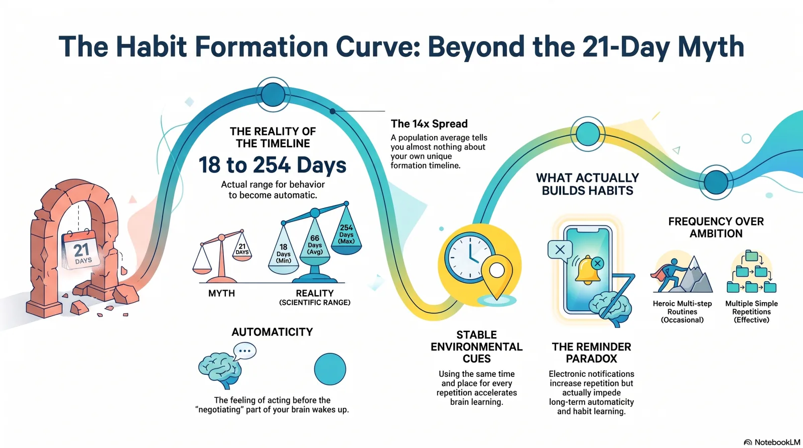 Infographic contrasting the 21-day myth with the research range of 18 to 254 days, averaging 66. It covers automaticity as the feeling of acting before the negotiating part of your brain wakes up, stable environmental cues of the same time and place, the reminder paradox where notifications raise repetition but impede automaticity, and frequency over ambition.