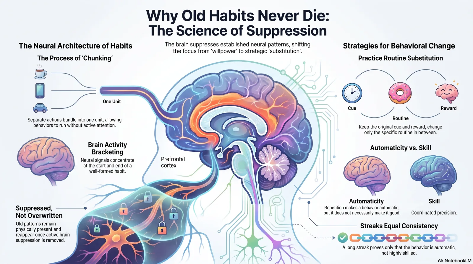 Infographic on why old habits persist. It covers chunking, where separate actions bundle into one unit that runs without active attention; brain activity bracketing, where neural signals concentrate at the start and end of a well-formed habit; and suppression rather than overwriting, where old patterns remain physically present and reappear once suppression is removed. A strategy panel shows keeping the original cue and reward while changing only the routine, and distinguishes automaticity from skill.