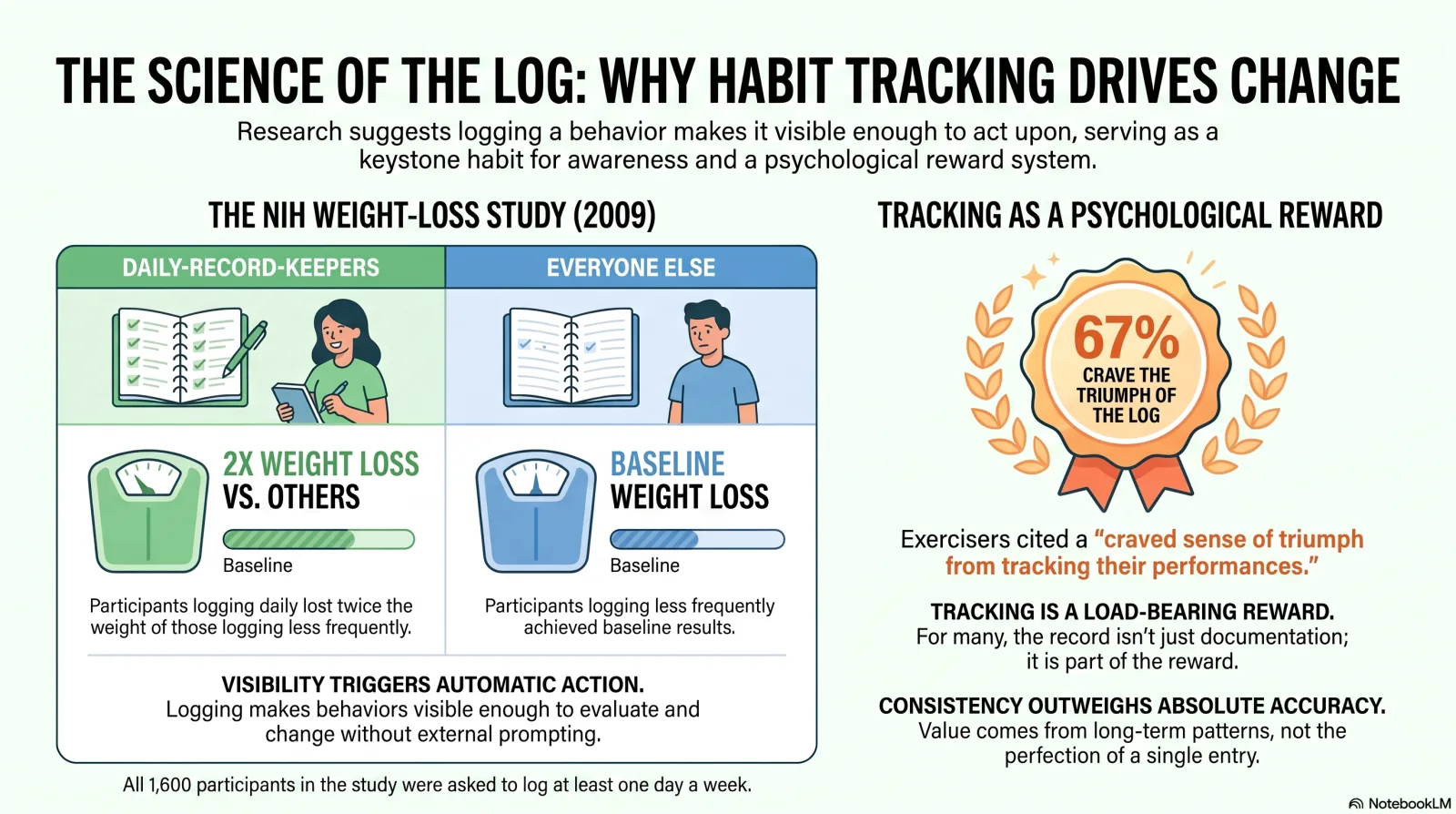 Infographic on the evidence for habit tracking. A two-column comparison from the 2009 NIH weight-loss study shows daily record keepers losing twice the weight of everyone else, with a footnote that all 1,600 participants were asked to log at least one day a week. A second panel shows that 67% of habitual exercisers cited a craved sense of triumph from tracking their performances, making the record part of the reward rather than only documentation.