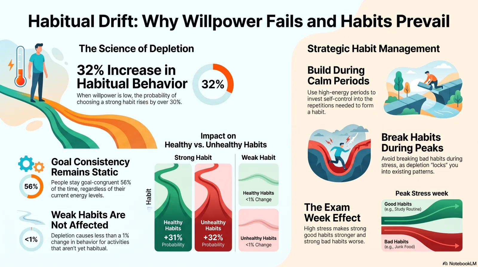 Infographic on depletion and habitual behavior. Reduced self-control raised the probability of choosing a strong habit by 32% for unhealthy options and 31% for healthy ones, while weak habits changed less than 1%. Goal-congruent behavior held at 56% regardless of energy level. Practical panels cover building habits during calm periods, breaking them when self-control is high, and the exam-week effect where strong good habits get stronger and strong bad habits get worse.