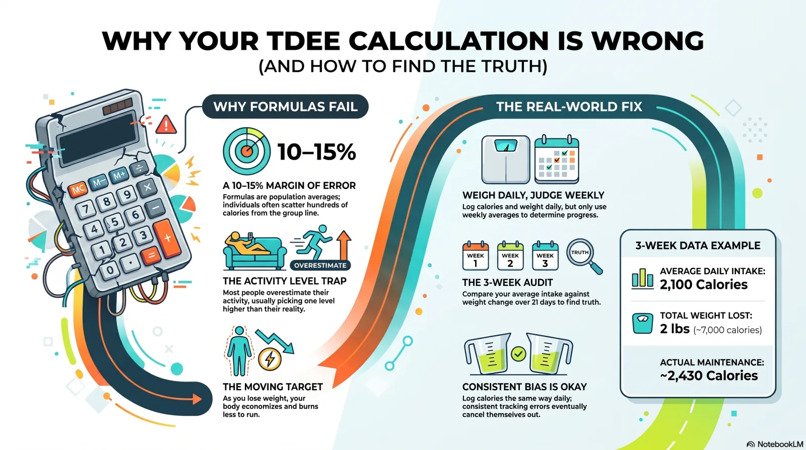 Infographic split into Why Formulas Fail and The Real-World Fix. The left side covers the 10-15% margin of error, the activity-level trap of picking one level too high, and the moving target as your body economizes. The right side covers weighing daily but judging weekly, running a three-week audit, and why a consistent logging bias is fine, with a worked example: 2,100 calories average intake, 2 lbs lost, real maintenance around 2,430.