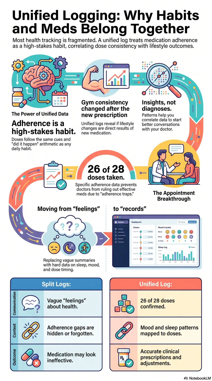 Infographic contrasting split logging against a unified log. It covers adherence as a high-stakes habit following the same cues as any daily routine, gym consistency changing after a new prescription, and moving from vague feelings to a record. A comparison table shows split logs producing vague feelings, hidden adherence gaps, and medication that may look ineffective, against a unified log producing 26 of 28 doses confirmed, mood and sleep patterns mapped to doses, and accurate prescribing.