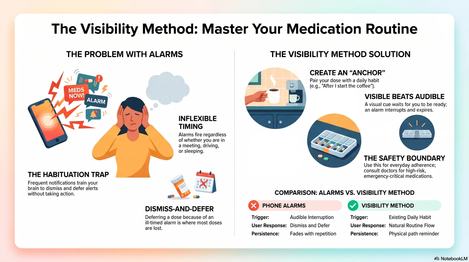 Infographic contrasting phone alarms with the visibility method. The alarm side covers the habituation trap of learning to dismiss notifications, inflexible timing that fires while you are driving or in a meeting, and dismiss-and-defer as where doses get lost. The visibility side covers anchoring a dose to an existing daily routine, a visible dose count that waits for you rather than interrupting, and a safety boundary for high-risk medications.